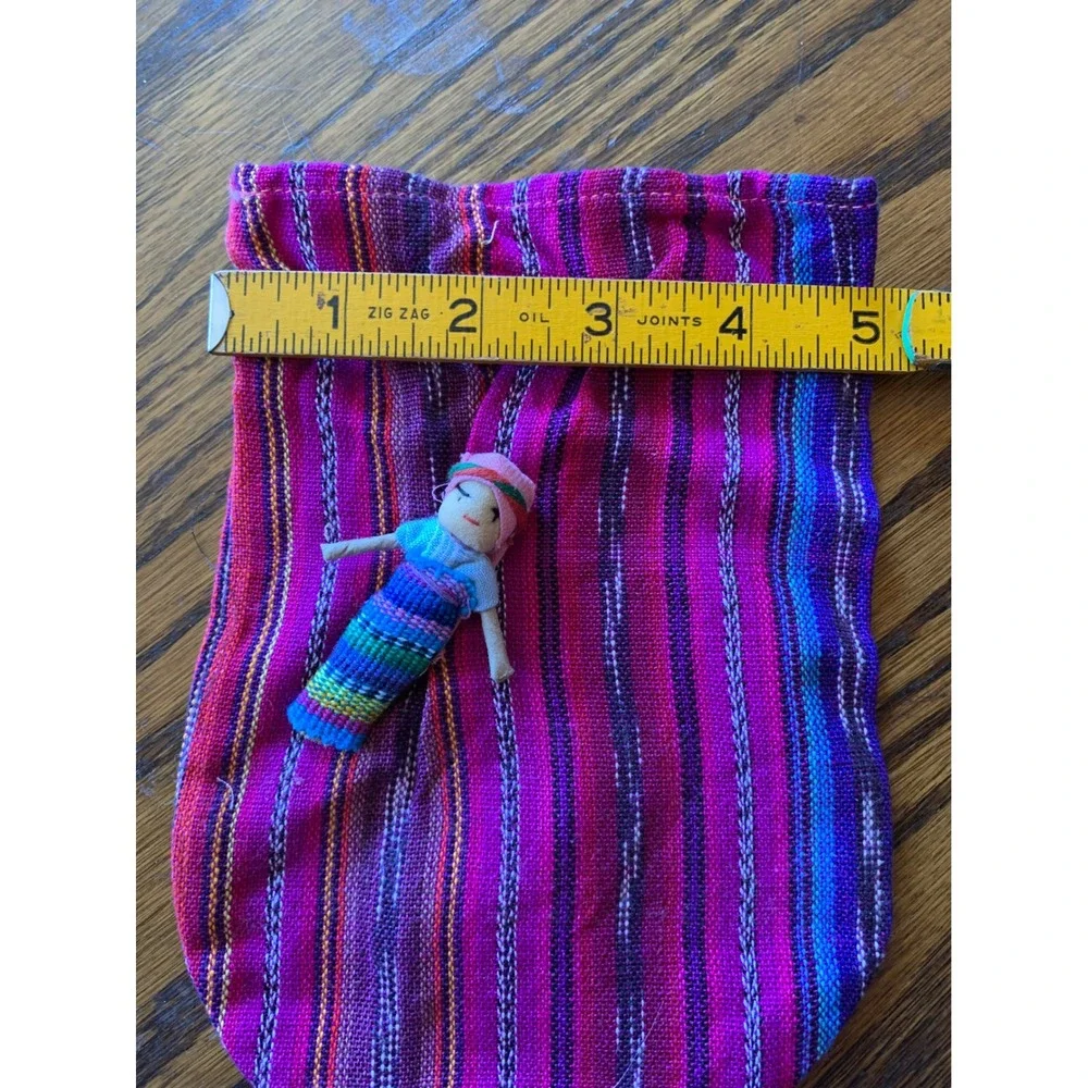 Guatemalan Worry Doll Pouch Set of Two Pink Purple Striped Handwoven Cotton Bags